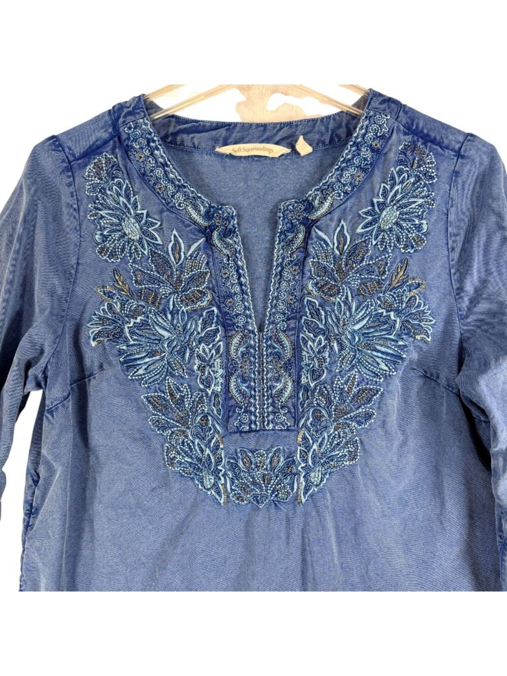 Soft Surroundings Blue Embroidered Tunic Top Tencel Lyocell Small 3/4 Sleeve